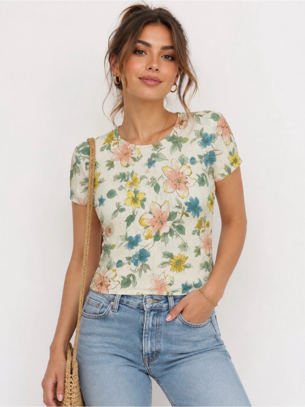 Alfred Dunner Floral Short Sleeve Sweater Knit Top Beaded Sequins PXL 1909